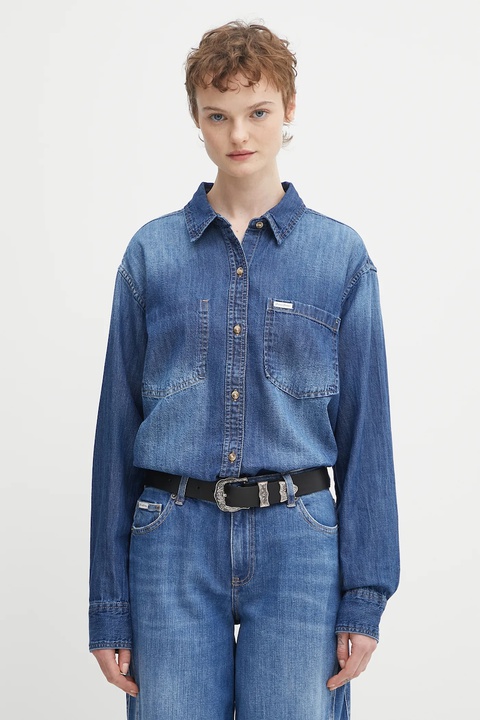 Guess Jeans koszula jeansowa damska kolor granatowy relaxed z kołnierzykiem klasycznym W5YH0D D5M8A - zdjęcie produktu nr 1