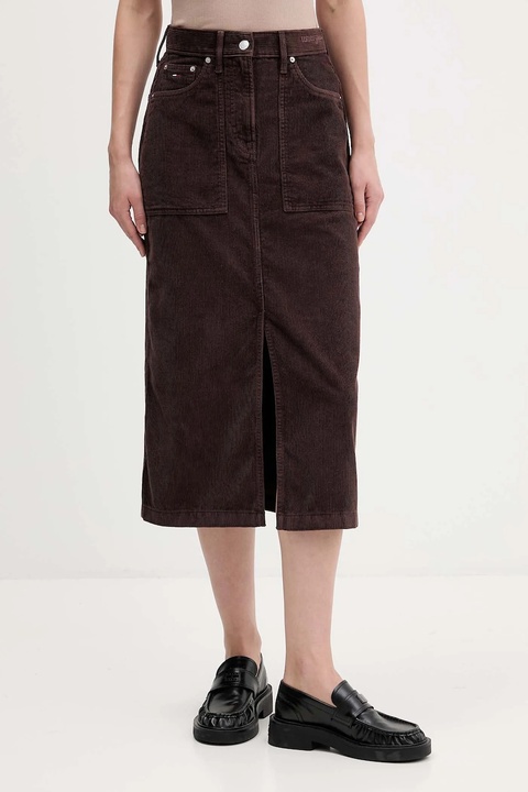 Tommy Jeans spódnica sztruksowa kolor brązowy midi rozkloszowana DW0DW21708 - zdjęcie produktu nr 1