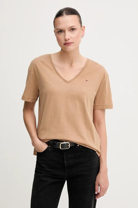 Tommy Hilfiger t-shirt bawełniany damski kolor brązowy WW0WW43901 - zdjęcie produktu nr 1
