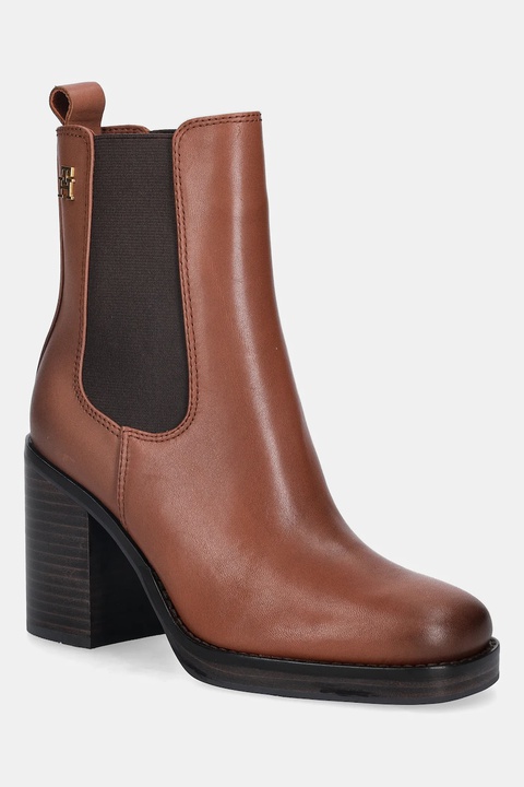 Tommy Hilfiger botki skórzane SQUARE TOE CHELSEA HIGH BLOCK HL damskie kolor brązowy na słupku FW0FW08844 - zdjęcie produktu nr 1