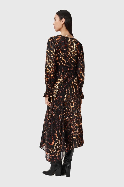 AllSaints sukienka z dodatkiem jedwabiu kolor brązowy midi rozkloszowana W102DD - zdjęcie produktu nr 1