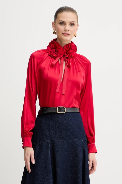 Luisa Spagnoli bluzka jedwabna damska kolor czerwony z aplikacją 542316 - zdjęcie produktu nr 1