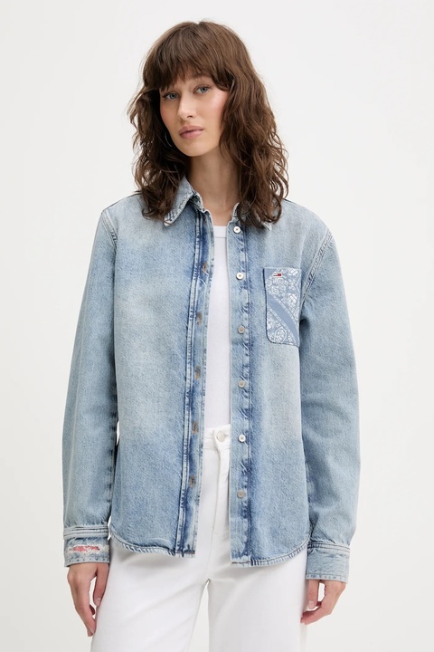 Tommy Jeans koszula bawełniana jeansowa damska kolor niebieski relaxed z kołnierzykiem klasycznym DW0DW20665 - zdjęcie produktu nr 1
