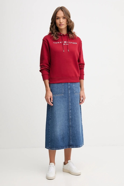 Tommy Hilfiger bluza damska kolor bordowy z kapturem z aplikacją WW0WW43598 - zdjęcie produktu nr 2