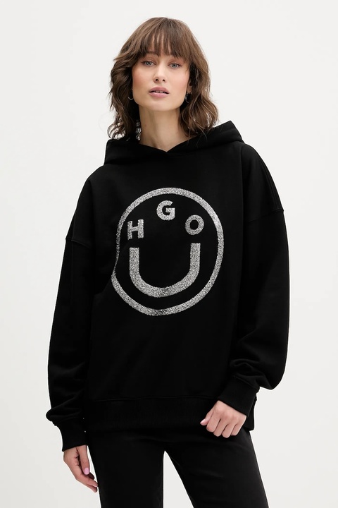 Hugo Blue bluza bawełniana damska kolor czarny z kapturem z nadrukiem 50550709 - zdjęcie produktu nr 1