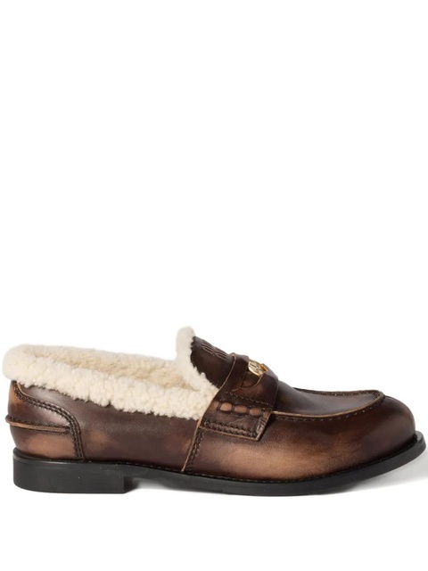 Miu Miu Bleached leather and shearling penny loafers - Brown - zdjęcie produktu nr 1