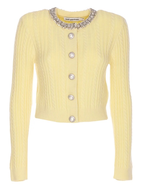 Self-Portrait crystal-embellished cable-knit cardigan - Yellow - zdjęcie produktu nr 1