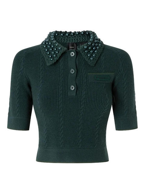 PINKO cable-knit beaded-collar polo top - Green - zdjęcie produktu nr 1
