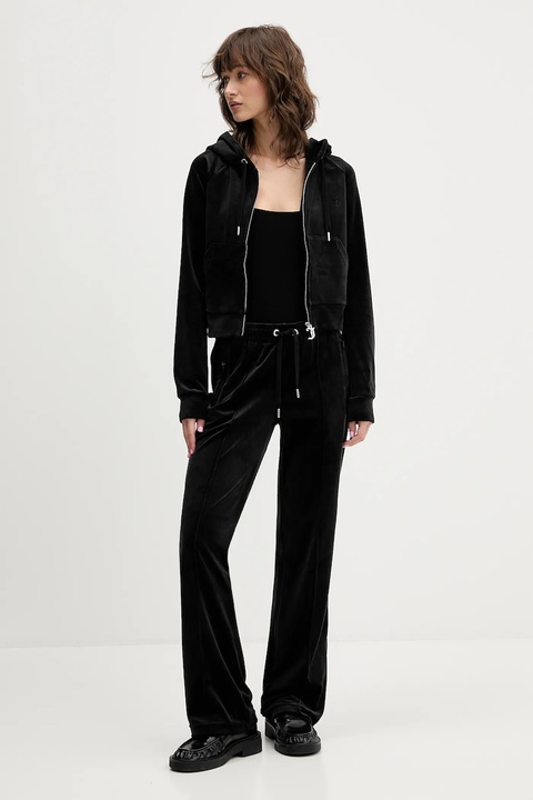 Juicy Couture bluza welurowa damska kolor czarny z kapturem gładka JCWAS225306 - zdjęcie produktu nr 2