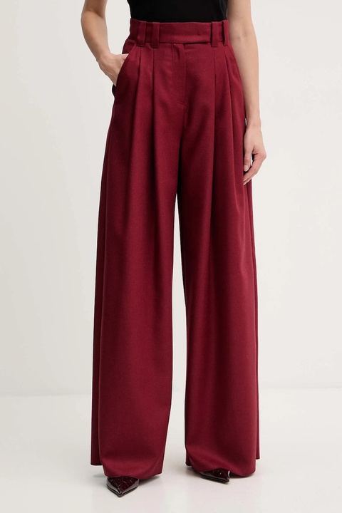 Marella spodnie wełniane damskie kolor bordowy szerokie high waist 2523136182200 - zdjęcie produktu nr 2