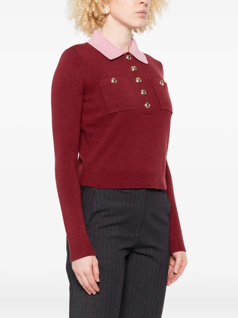 Self-Portrait contrast-collar polo top - Red - zdjęcie produktu nr 2