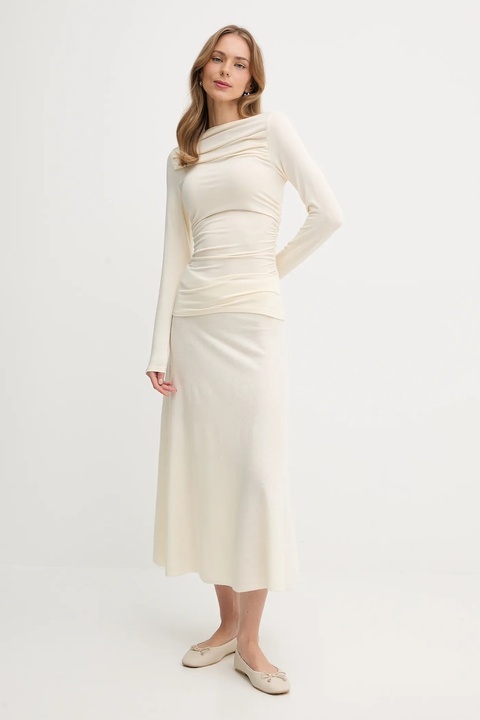 United Colors of Benetton spódnica z dodatkiem wełny kolor beżowy midi rozkloszowana 1444D002B - zdjęcie produktu nr 2