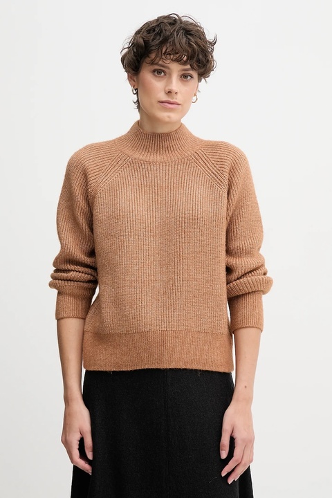 Calvin Klein Jeans sweter z domieszką wełny damski kolor brązowy z półgolfem LV044D372G - zdjęcie produktu nr 1