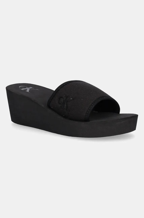 Calvin Klein Jeans klapki BEACH WEDGE SLIDE CANVAS damskie kolor czarny na koturnie YW0YW01725 - zdjęcie produktu nr 1