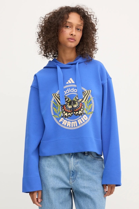 adidas bluza x Farm Rio damska kolor niebieski z kapturem z nadrukiem JL8608 - zdjęcie produktu nr 1