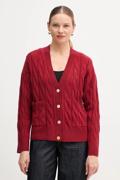 Tommy Hilfiger kardigan wełniany kolor bordowy WW0WW43089 - zdjęcie produktu nr 1