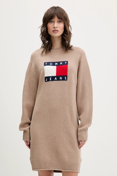 Tommy Jeans sukienka z domieszką wełny kolor beżowy mini oversize DW0DW21462 - zdjęcie produktu nr 1