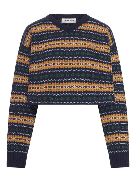Miu Miu V-neck jacquard wool sweater - Blue - zdjęcie produktu nr 1