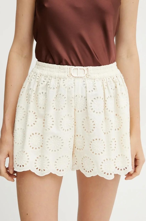 Twinset szorty bawełniane damskie kolor beżowy wzorzyste high waist 251TT2363 - zdjęcie produktu nr 1