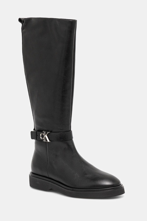 Calvin Klein kozaki skórzane KNEE BOOT W/ METAL LOGO damskie kolor czarny na płaskim obcasie HW0HW02665 - zdjęcie produktu nr 1