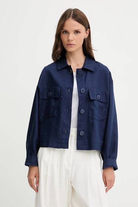 United Colors of Benetton kurtka z domieszką lnu kolor granatowy przejściowa oversize 25BVDN08B - zdjęcie produktu nr 1