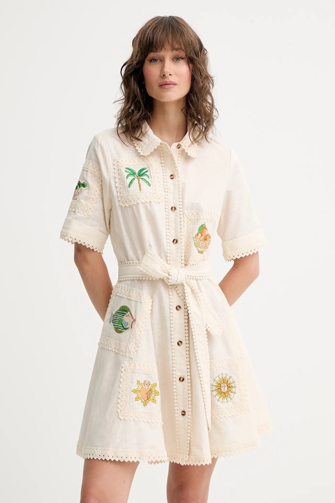 Never Fully Dressed sukienka z domieszką lnu Lauren kolor beżowy mini rozkloszowana NFDDR2810 - zdjęcie produktu nr 1