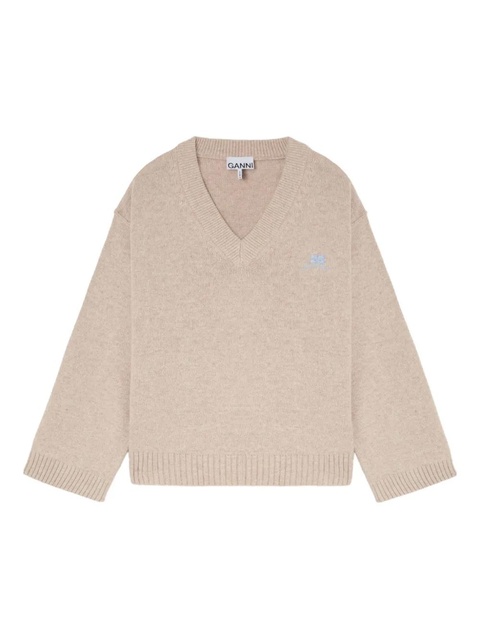 GANNI V-neck ribbed sweater - Neutrals - zdjęcie produktu nr 1