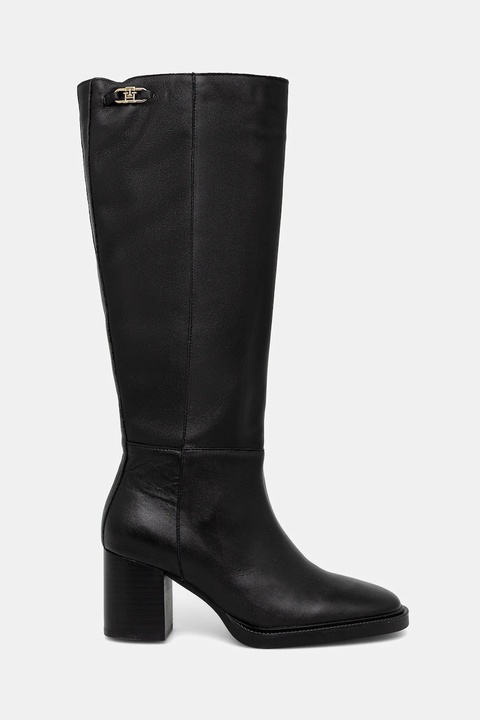 Tommy Hilfiger kozaki skórzane STACKED HEEL LEATHER LONG BOOT damskie kolor czarny na słupku FW0FW08865 - zdjęcie produktu nr 1