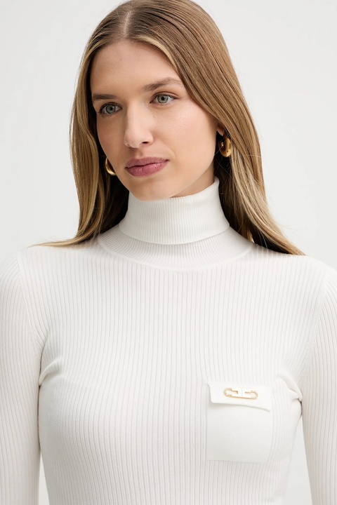 Elisabetta Franchi sweter z dodatkiem jedwabiu damski kolor beżowy lekki z golfem MK11B56E2 - zdjęcie produktu nr 1