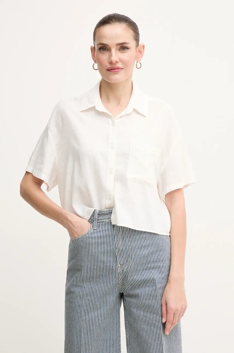 Dkny koszula lniana damska kolor beżowy relaxed z kołnierzykiem klasycznym DJ5W2056 - zdjęcie produktu nr 1