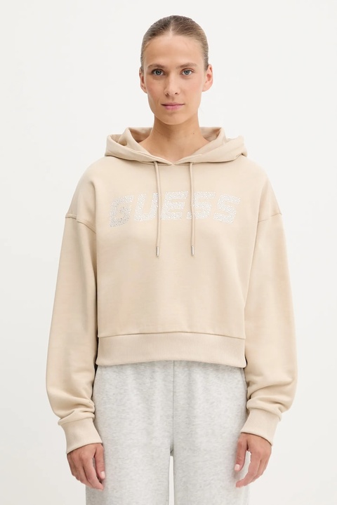 Guess bluza bawełniana PRIMULA damska kolor beżowy z kapturem z aplikacją V5GQ09 KCRP0 - zdjęcie produktu nr 1
