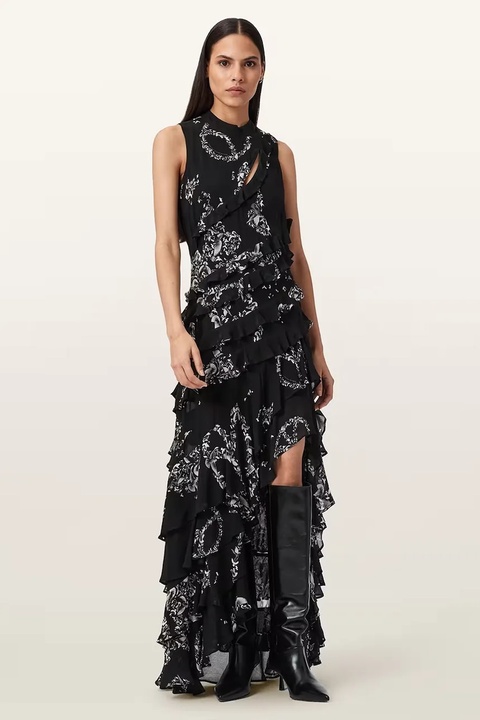 AllSaints sukienka wiskozowa CADY kolor czarny midi rozkloszowana W004DD - zdjęcie produktu nr 1