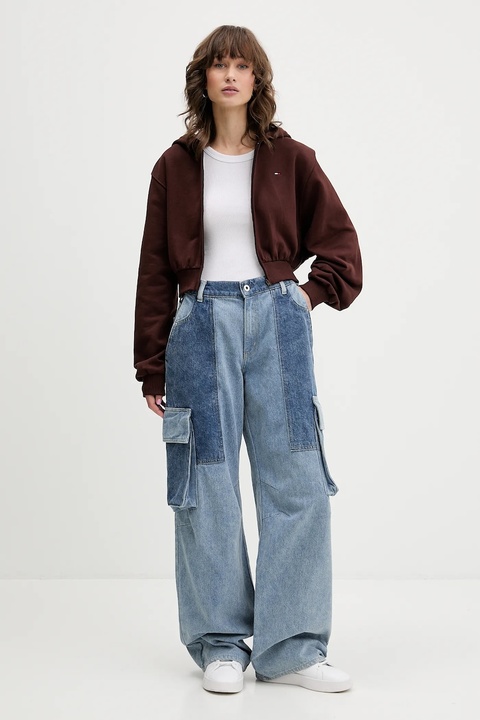 Tommy Jeans bluza bawełniana damska kolor brązowy z kapturem gładka DW0DW21590 - zdjęcie produktu nr 2