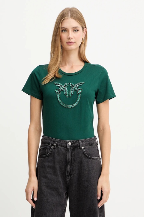 Pinko t-shirt bawełniany damski kolor zielony 100535 A2RN - zdjęcie produktu nr 1