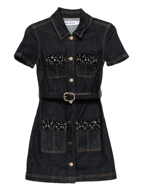 Self-Portrait embellished denim mini dress - Blue - zdjęcie produktu nr 1