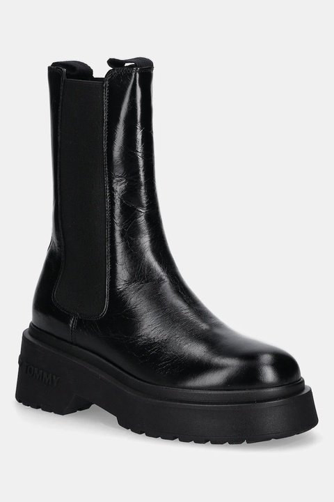 Tommy Jeans botki skórzane CHUNKY SHINY LEATHER CHELSEA damskie kolor czarny na płaskim obcasie EN0EN02888 - zdjęcie produktu nr 1
