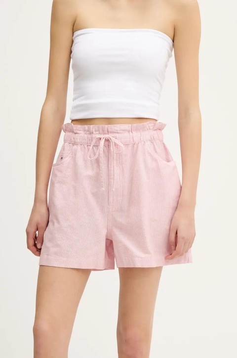 Tommy Jeans szorty z domieszką lnu damskie kolor różowy wzorzyste high waist DW0DW20360 - zdjęcie produktu nr 1