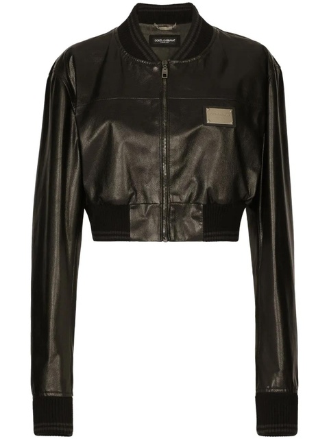 Dolce & Gabbana logo-plaque cropped leather jacket - Black - zdjęcie produktu nr 1