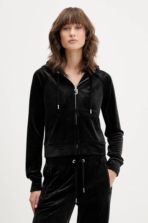Juicy Couture bluza welurowa damska kolor czarny z kapturem gładka JCWAS225306 - zdjęcie produktu nr 1