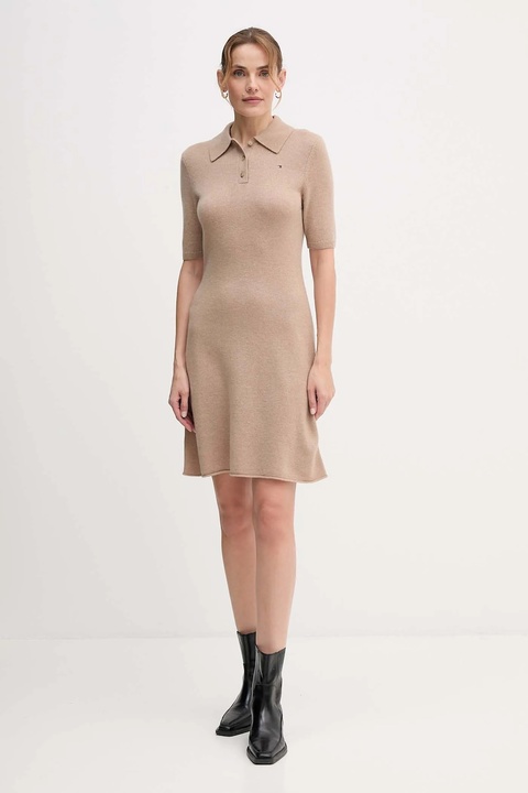 Tommy Hilfiger sukienka wełniana kolor beżowy mini rozkloszowana WW0WW46436 - zdjęcie produktu nr 2