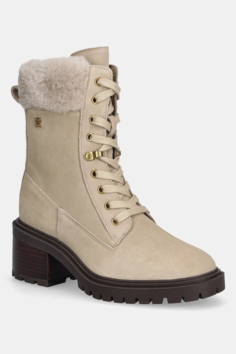 Tommy Hilfiger botki zamszowe TH SHEARLING LACE UP BOOT kolor beżowy na słupku lekko ocieplone FW0FW08999 - zdjęcie produktu nr 1