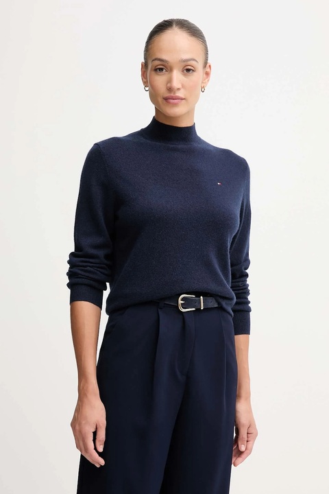 Tommy Hilfiger sweter wełniany damski kolor granatowy lekki z półgolfem WW0WW47468 - zdjęcie produktu nr 1