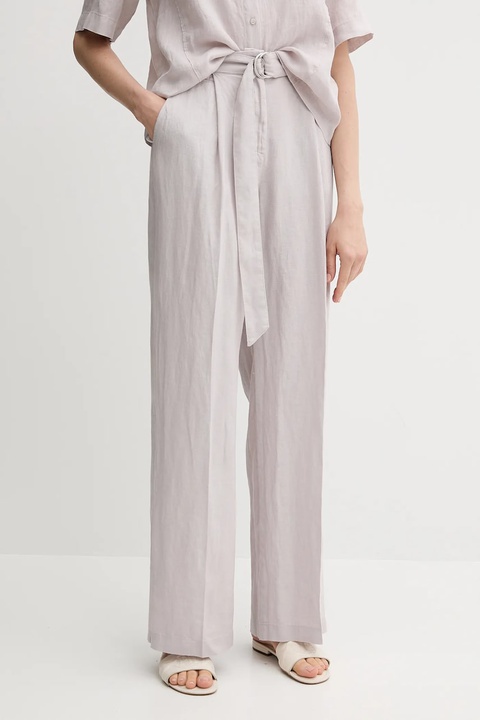 Sisley spodnie lniane damskie kolor szary proste high waist 4AGHLF06U - zdjęcie produktu nr 1