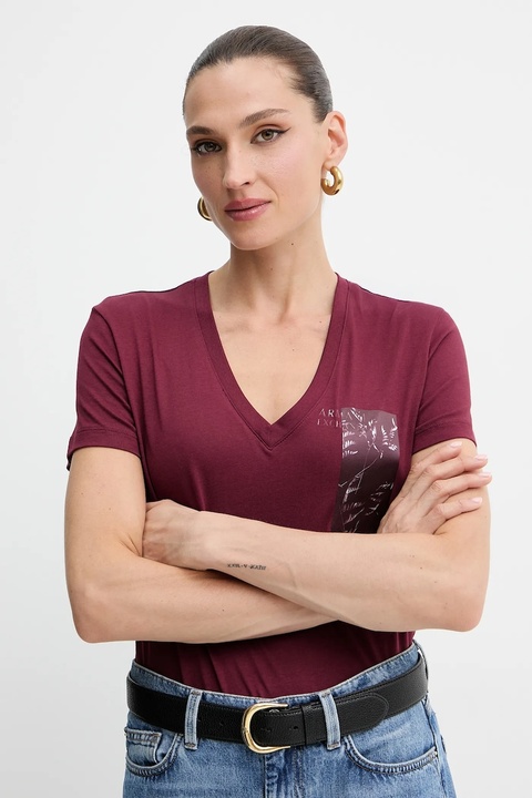Armani Exchange t-shirt bawełniany damski kolor bordowy XW001358 AF10356 - zdjęcie produktu nr 1