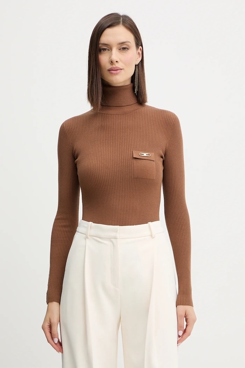 Elisabetta Franchi sweter z dodatkiem jedwabiu damski kolor brązowy lekki z golfem MK11B56E2 - zdjęcie produktu nr 1