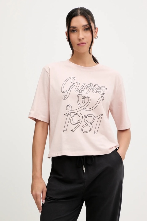 Guess t-shirt bawełniany MISTY damski kolor różowy V5RI11 K8HM0 - zdjęcie produktu nr 1