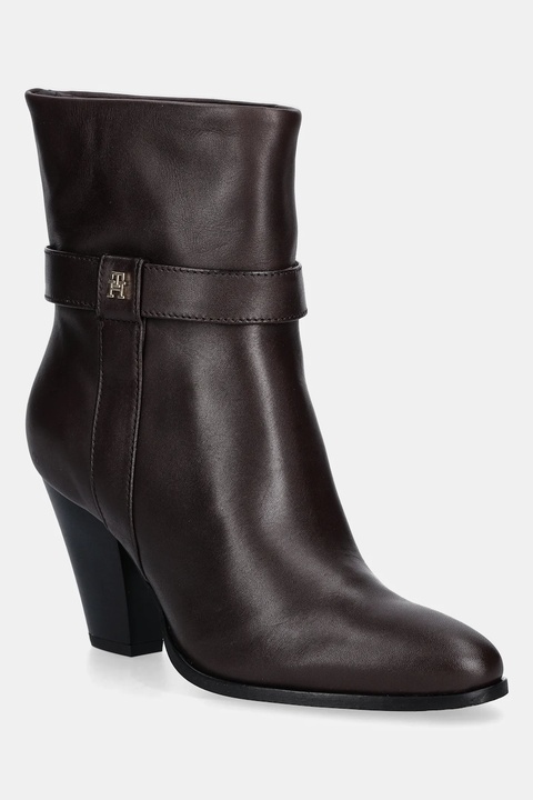 Tommy Hilfiger botki skórzane TH T-STRAP LEATHER POINTY BOOTIE damskie kolor brązowy na słupku FW0FW08984 - zdjęcie produktu nr 1