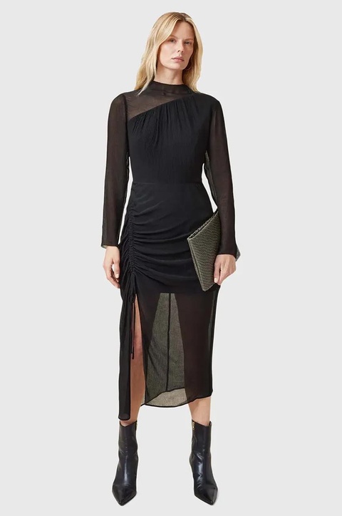 AllSaints sukienka z domieszką jedwabiu RIZO kolor czarny midi dopasowana W085DC - zdjęcie produktu nr 1