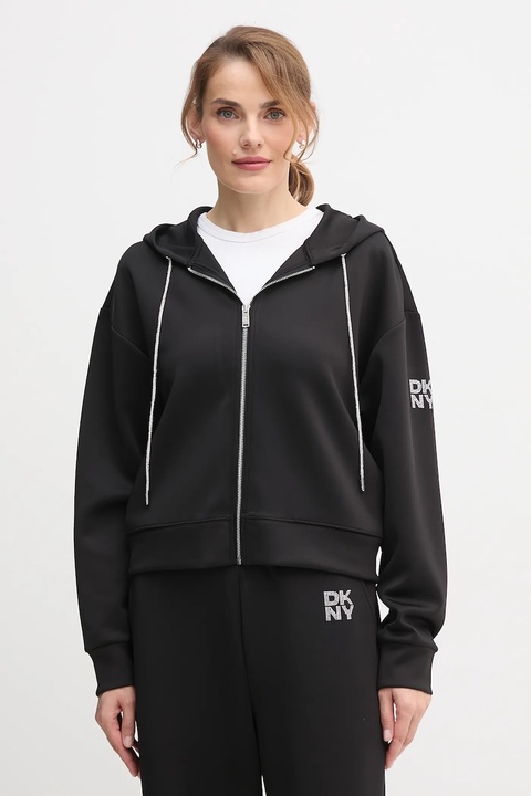 Dkny bluza KNIT JACKET damska kolor czarny z kapturem gładka P5ME7CNY - zdjęcie produktu nr 1