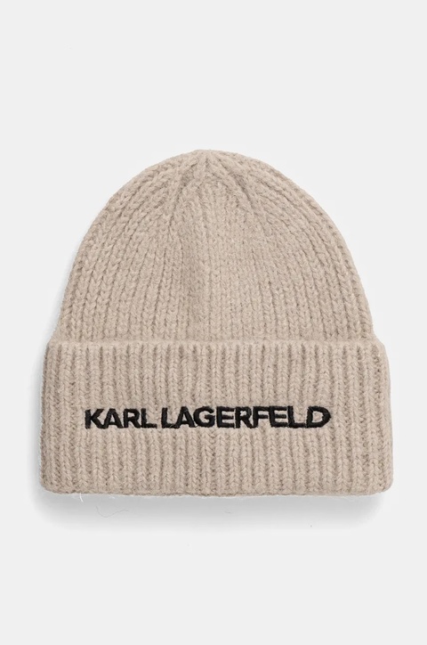 Karl Lagerfeld czapka wełniana kolor beżowy z grubej dzianiny wełniana 246W3411 - zdjęcie produktu nr 1